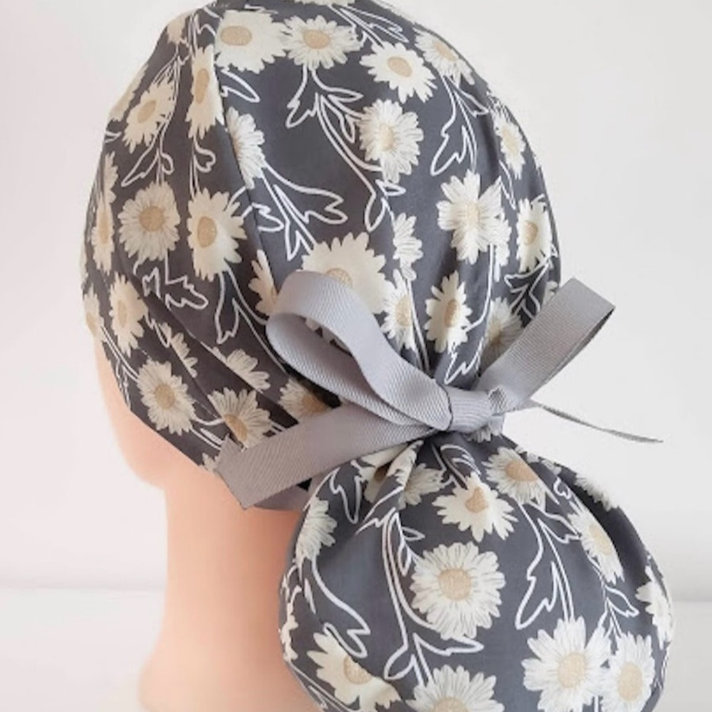 Grey & Yellow Floral Ponytail Scrub Cap